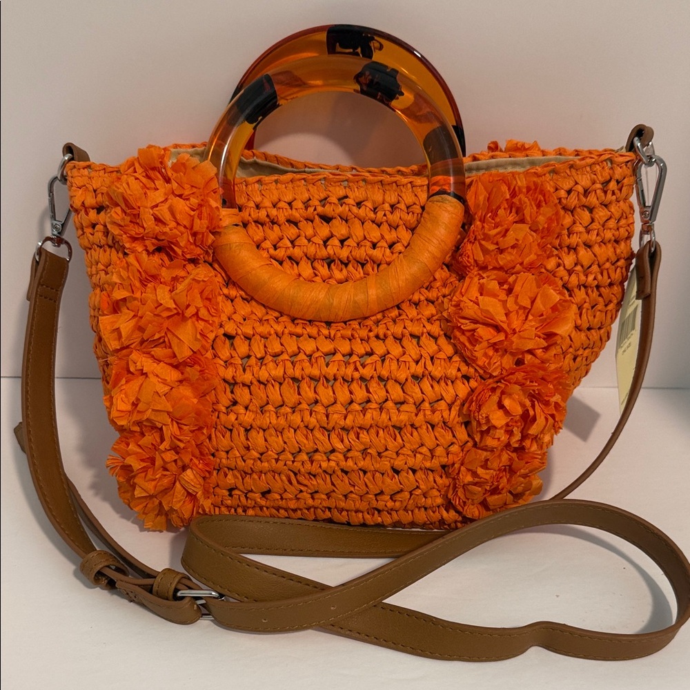 Collection XIIX Vibrant Raffia Orange Crochet Shoulder Bag